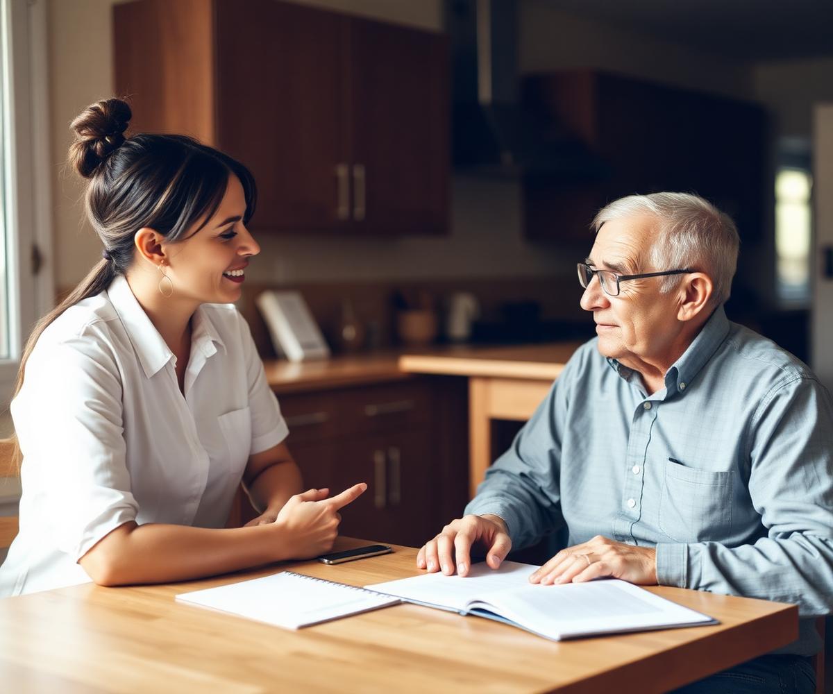 Care coordinator discussing a personalized care plan with a senior client at home