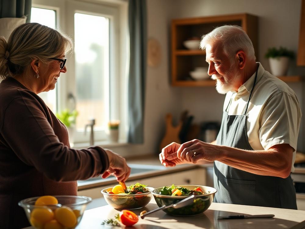 Caregiver preparing a fresh meal with an older adult in a home kitchen