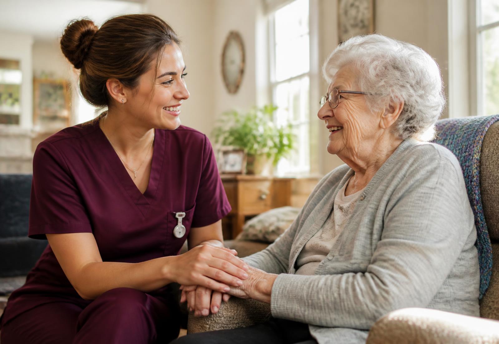 Caregiver holding hands with a smiling senior woman in her living room